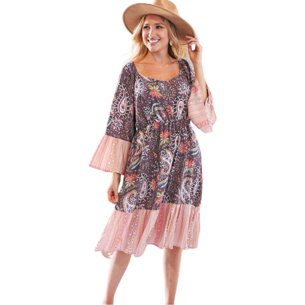 Haptics Paisley Boho Dress Bell Sleeve Sweetheart Neck Ruffle Hem NEW S